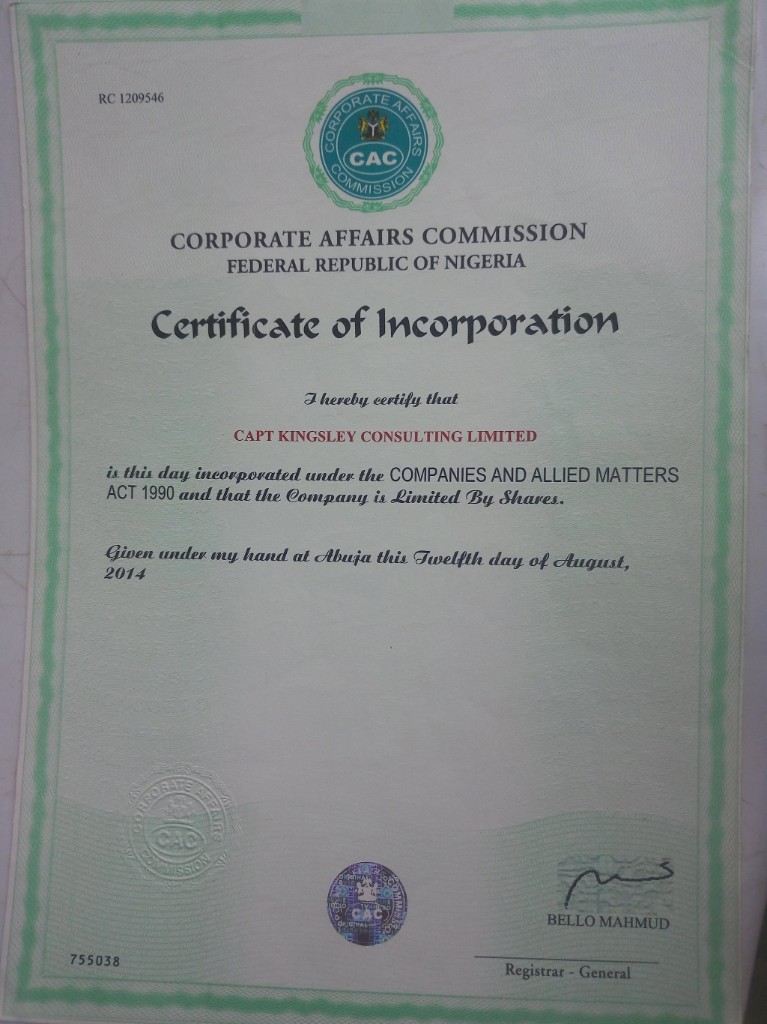CAC Certificate of Incorporation — Capt Kingsley Consulting