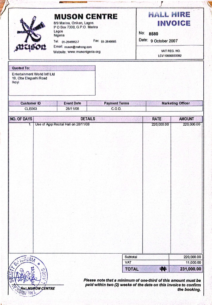 MUSON Agip Recital Hall Invoice № 8580