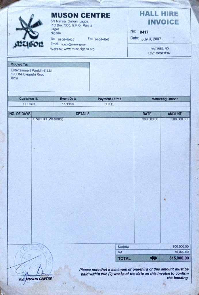 MUSON Shell Hall Hire Invoice № 8417